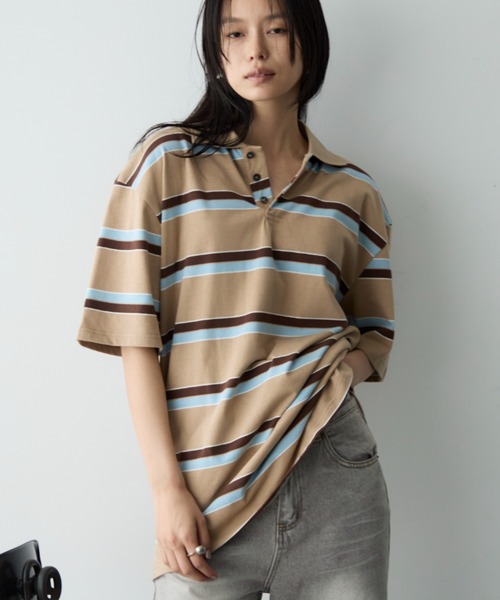 tシャツ マルチボーダーオーバーポロ レディース