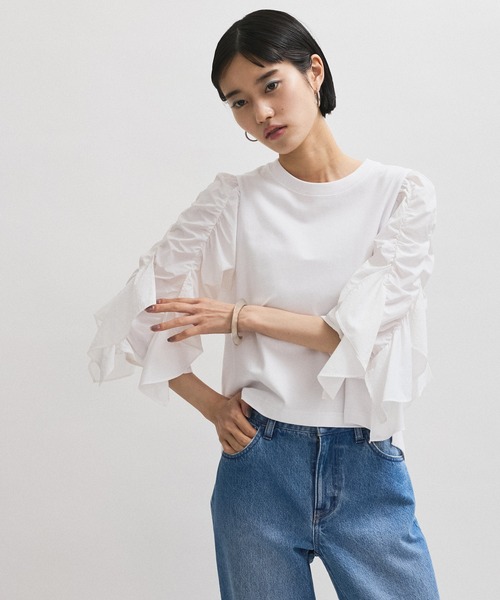 今季新作　2025 ADAM ET ROPE' フリルスリーブカットソー ADAM ET ROPE' tシャツ 「WEB限定」フリルスリーブカットソー