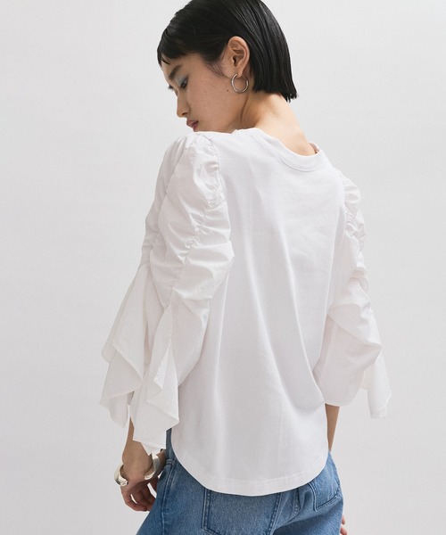 ADAM ET ROPE アダムエロペ　フリルペプラムカットソー ホワイト　白 ADAM ET ROPE' tシャツ 「再入荷・WEB限定・洗える」フリル