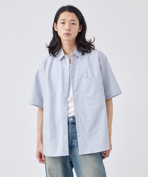 B.C STOCK シャツ LAWN ストライプ 半袖レギュラーカラーシャツ