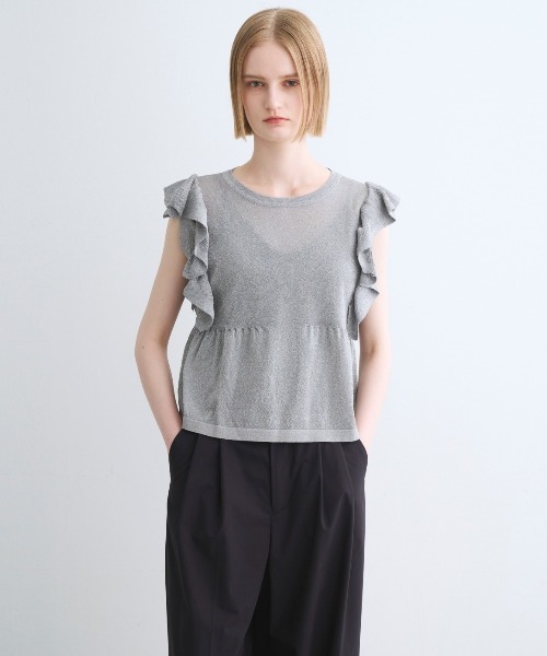 three dots（スリー ドッツ） tシャツ Shimmer sweater ruffle top