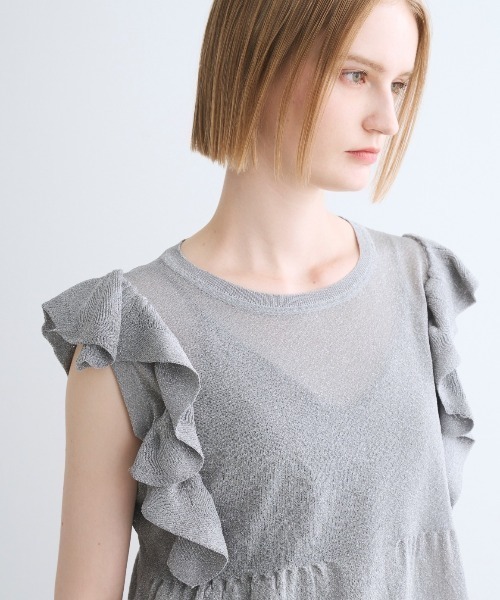 three dots（スリー ドッツ） tシャツ Shimmer sweater ruffle top