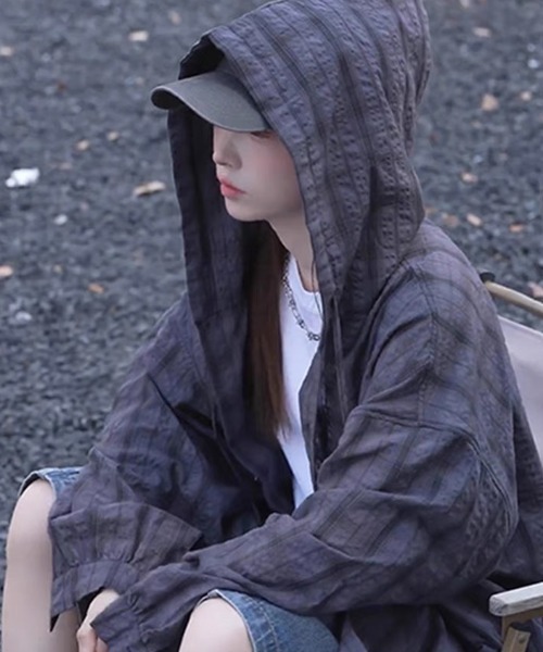 Achic（アシック） ブラウス シャツ フード付きシアーチェックシャツ