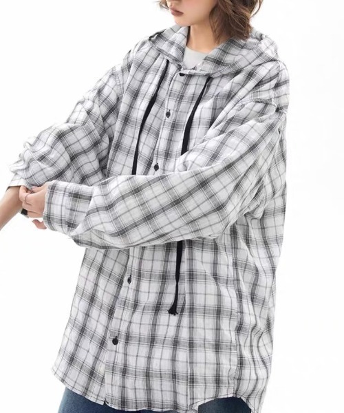 Achic（アシック） ブラウス シャツ フード付きシアーチェックシャツ