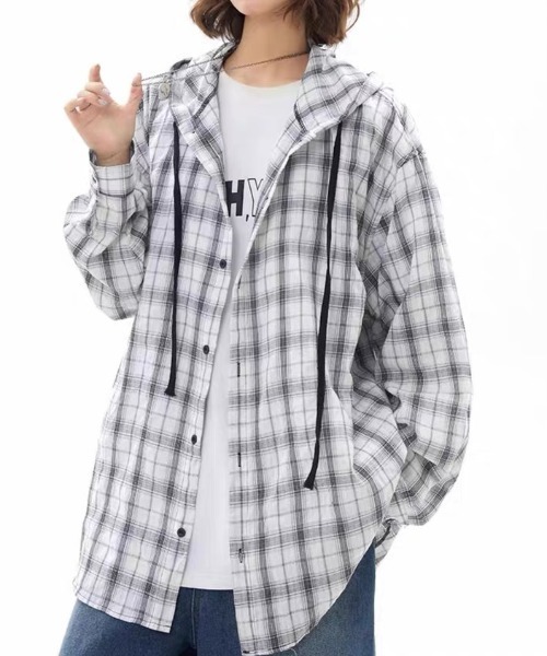 Achic（アシック） ブラウス シャツ フード付きシアーチェックシャツ