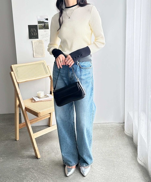 ニット セーター もちもち素材と配色が大人かわいい！配色デザイン袖口ボタン付ボトルネックリブニットプルオーバー レディース | GeeRA | 11