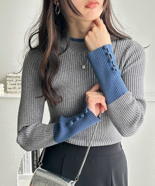 ニット セーター もちもち素材と配色が大人かわいい！配色デザイン袖口ボタン付ボトルネックリブニットプルオーバー レディース | GeeRA | 25