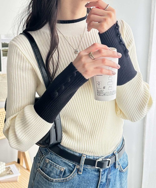 ニット セーター もちもち素材と配色が大人かわいい！配色デザイン袖口ボタン付ボトルネックリブニットプルオーバー レディース | GeeRA | 07