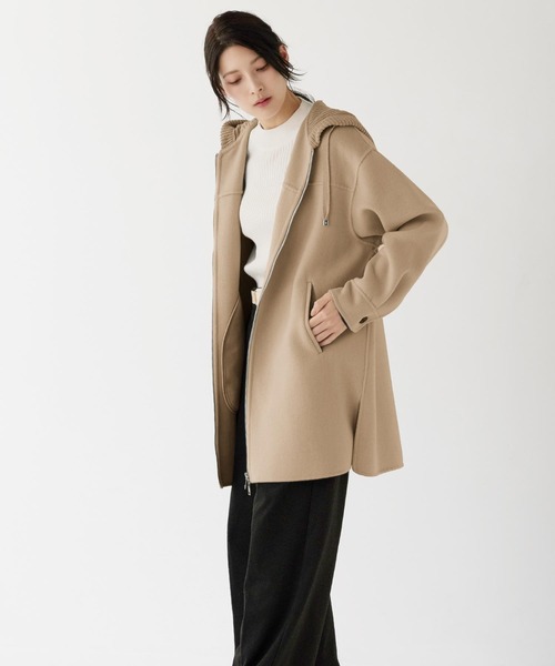 HELLY HANSEN　ベージュ フード付き ロングコート レディース sankyo shokai（三京商会） コート アウター ウール混 ダブルフェイス