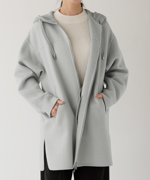 フード付きライトグレーコート sankyo shokai（三京商会） コート アウター ウール混 ダブルフェイス