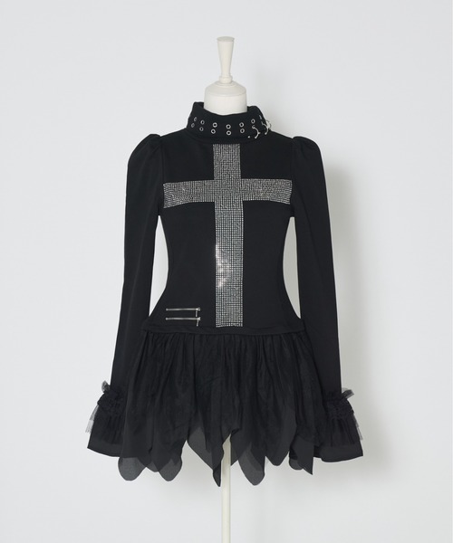 AVENCHUMU ワンピース Rhinestone cross chiffon hem one-piece