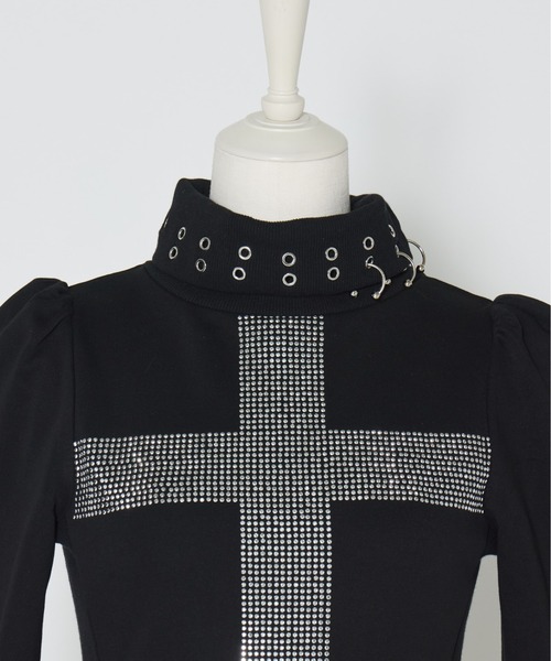 AVENCHUMU ワンピース Rhinestone cross chiffon hem one-piece