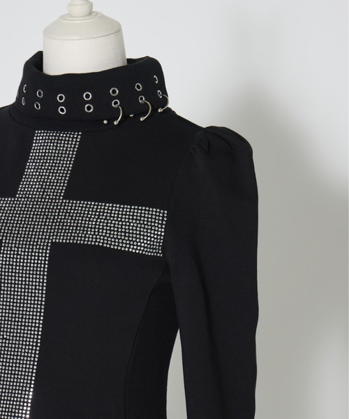 AVENCHUMU ワンピース Rhinestone cross chiffon hem one-piece