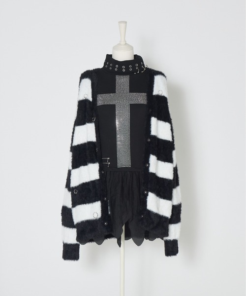 AVENCHUMU ワンピース Rhinestone cross chiffon hem one-piece