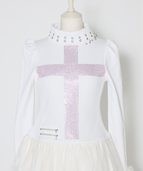 AVENCHUMU ワンピース Rhinestone cross chiffon hem one-piece