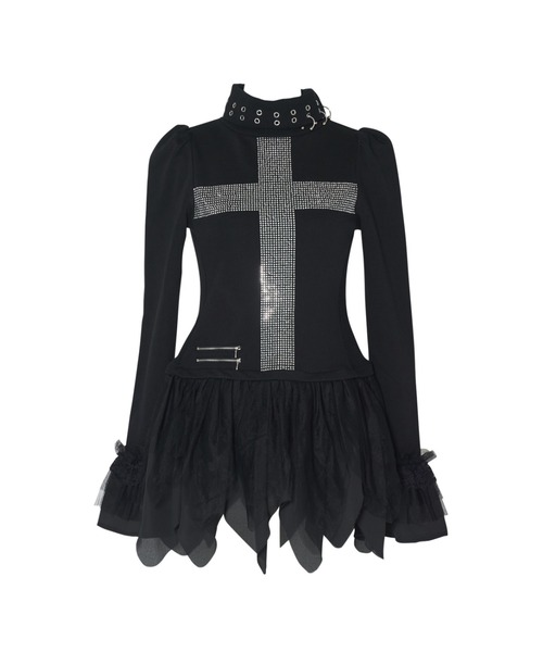 AVENCHUMU ワンピース Rhinestone cross chiffon hem one-piece