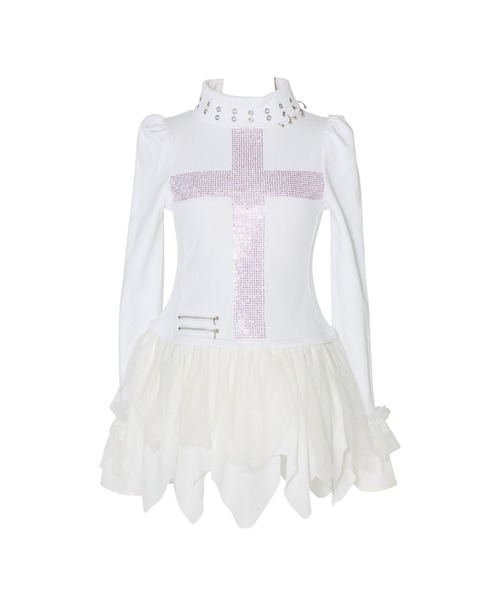 AVENCHUMU ワンピース Rhinestone cross chiffon hem one-piece