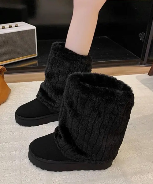 yello ブラックファー厚底ムートンブーツ miniministore（ミニミニストア） ブーツ フェイクムートンブーツ 厚底