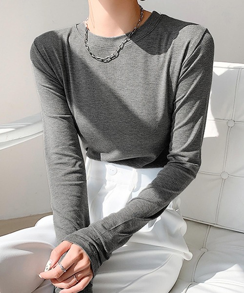 tシャツ ふわもちもち両面起毛蓄熱ラウンドネックトップス レディース