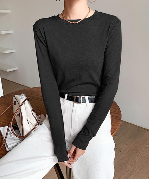 tシャツ ふわもちもち両面起毛蓄熱ラウンドネックトップス レディース