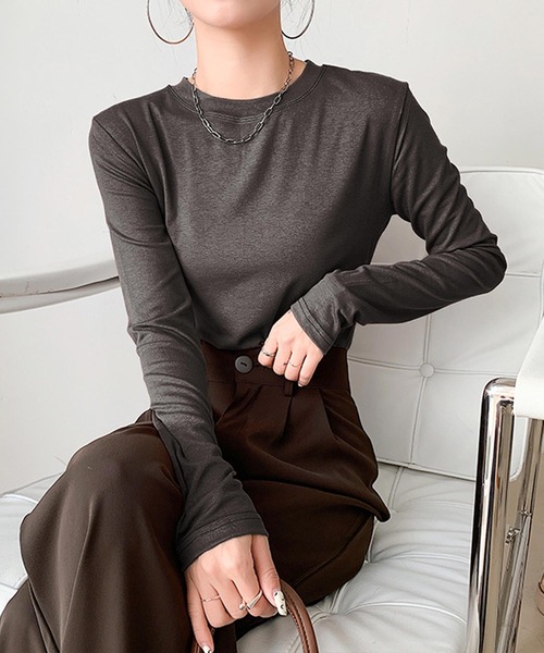 tシャツ ふわもちもち両面起毛蓄熱ラウンドネックトップス レディース