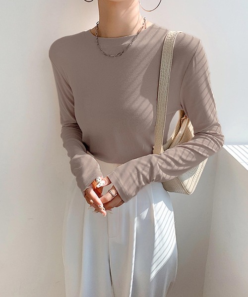 tシャツ ふわもちもち両面起毛蓄熱ラウンドネックトップス レディース