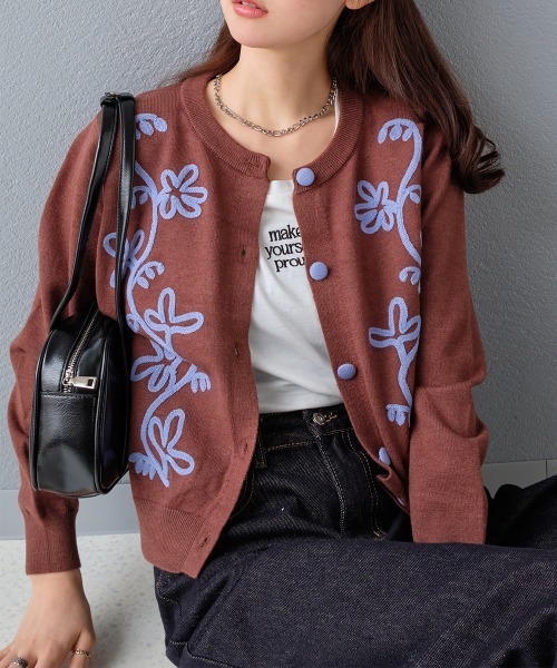 カーディガン フラワー柄 コード刺繍ニットカーディガン レディース