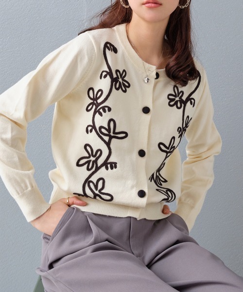 カーディガン フラワー柄 コード刺繍ニットカーディガン レディース