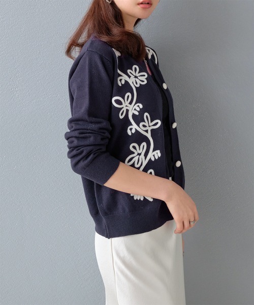 カーディガン フラワー柄 コード刺繍ニットカーディガン レディース