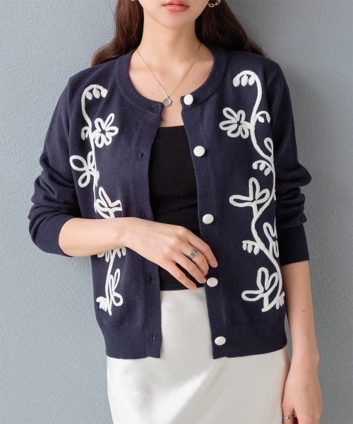 カーディガン フラワー柄 コード刺繍ニットカーディガン レディース