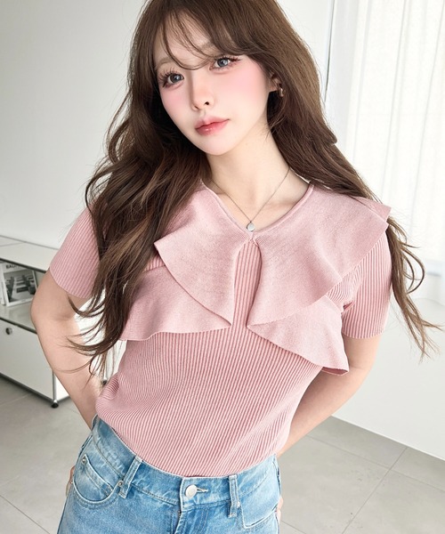 moment+ ニット セーター フロントフリル半袖SSニットプルオーバー