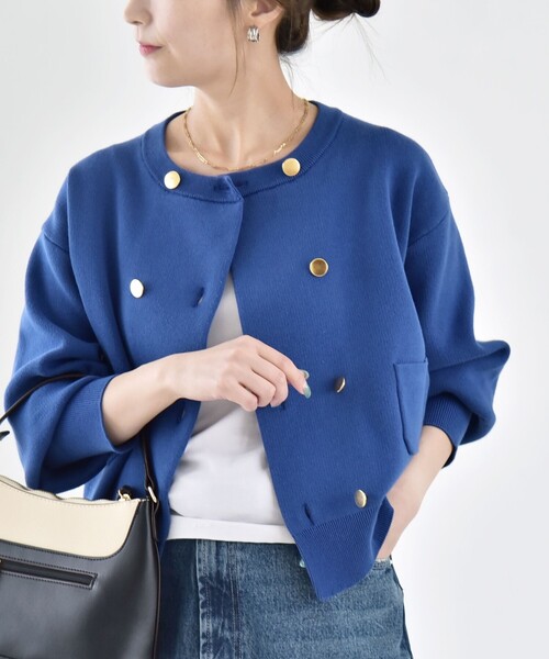 もけもこ】ノーカラー ダブル ボタン ジャケット カーディガン quaranciel カーディガン quaranciel:「手洗い可能」ノーカラー ダブル
