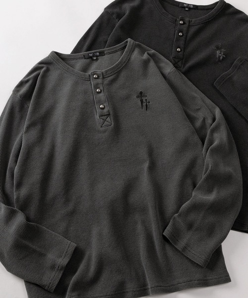 tシャツ 「82」ピグメント加工 クロスワンポイント ワッフル ヘンリー