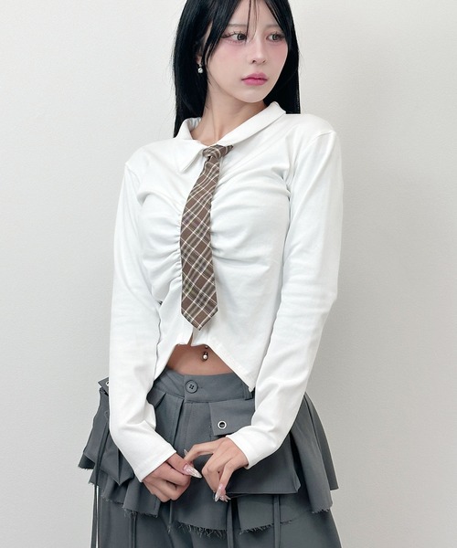 FOLLOWIN（フォロウィン） tシャツ Y2Kチェックネクタイ付き