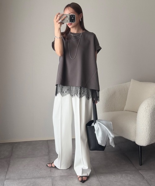 tシャツ ライトダンボールレースヘムプルオーバー レディースの画像