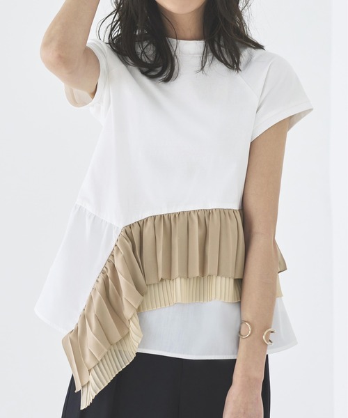 tシャツ 洗える ｜ 異素材ダブルプリーツペプラムカットソー ｜ 半袖 ハイネック トップス 体型カバー  オフィスカジュアル ペプラム アシンメトリ