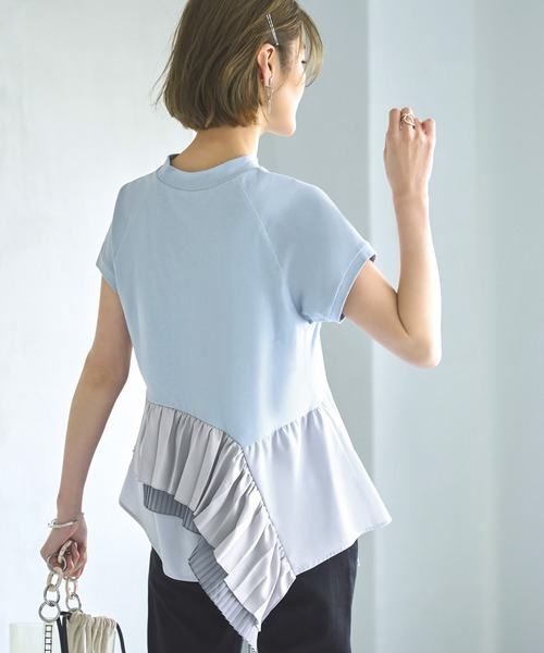 tシャツ 洗える ｜ 異素材ダブルプリーツペプラムカットソー ｜ 半袖 ハイネック トップス 体型カバー  オフィスカジュアル ペプラム アシンメトリ RUIRUE BOUTIQUE tシャツ 洗える ｜ 異素材ダブルプリーツ