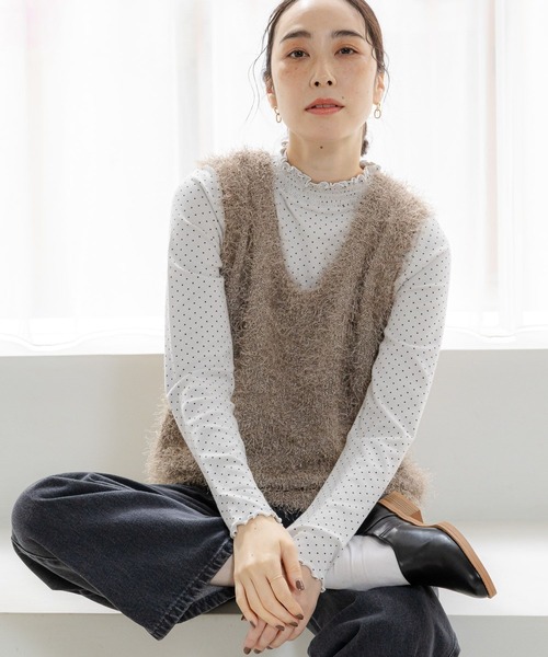 studio CLIP ベスト ジレ 3ゲージフサフサヤーンベスト レディース