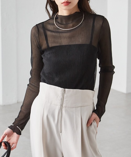 RANAN（ラナン） tシャツ 前後2WAYラメプリーツシアーハイネックプル