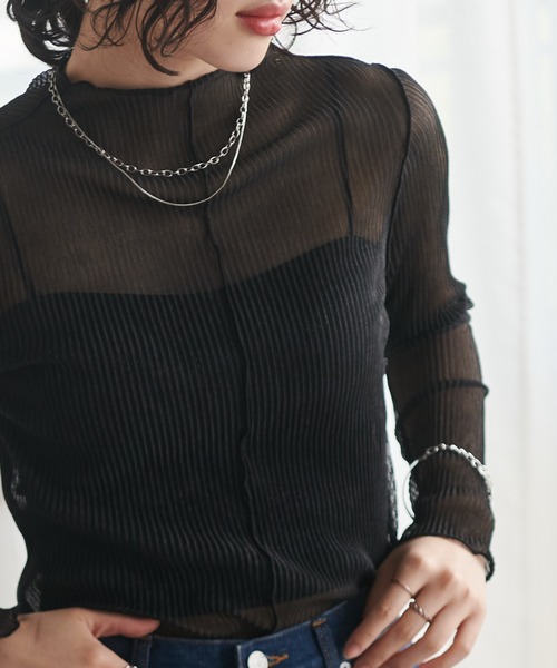 RANAN（ラナン） tシャツ 前後2WAYラメプリーツシアーハイネックプル