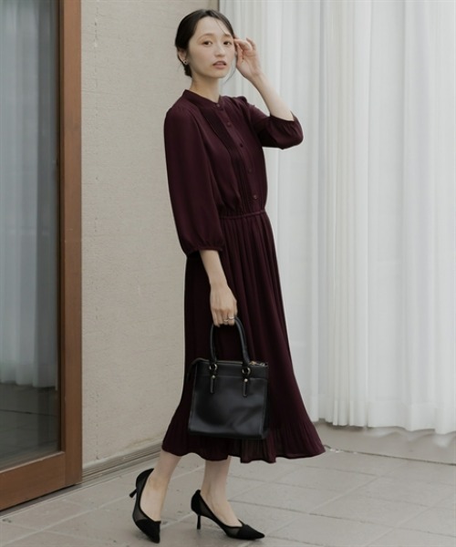 【新品未使用】SCAPA ドット プリーツワンピース 濃紺 定価64,900円 Petitjo（プッチージョ） ワンピース 小さいサイズ 8分袖ピンタック