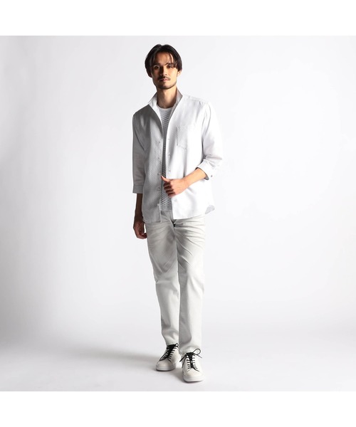 NICOLE CLUB FOR MEN シャツ シアーチェック7分袖スタンドカラー