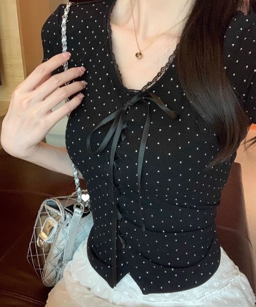 tシャツ フロントリボン ドットレース VネックTシャツ レディース