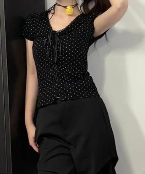 tシャツ フロントリボン ドットレース VネックTシャツ レディース