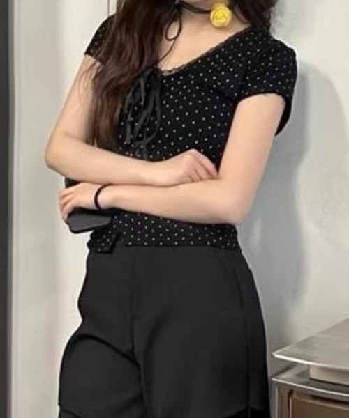tシャツ フロントリボン ドットレース VネックTシャツ レディース