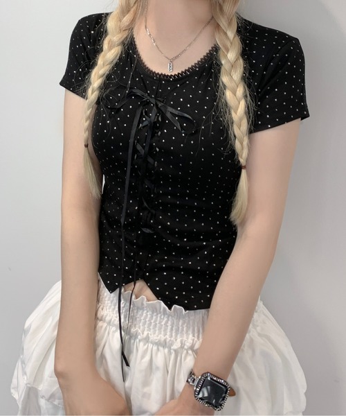 tシャツ フロントリボン ドットレース VネックTシャツ レディース