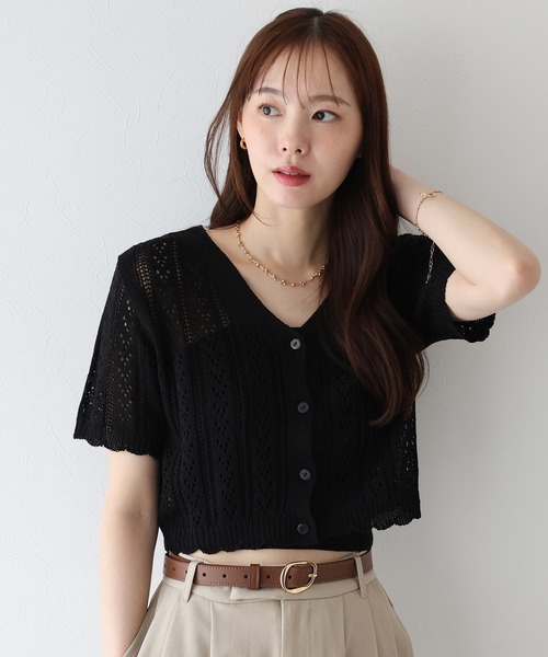 THE SHINZONE 網目編み Vネック 半袖ニット THE SHINZONE BRIGHT LACE KNIT POLO｜ヴィンテージライクな襟