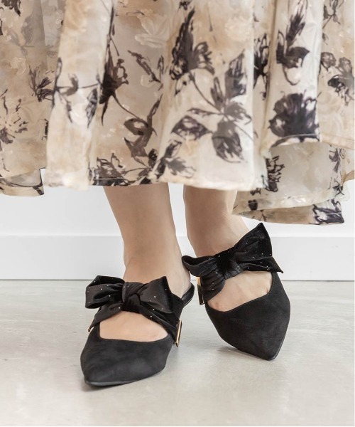 美品✨ RANDA　ベロア　リボン　ミュール　パンプス　千鳥柄　大人可愛い　М RANDA - 美品✨ RANDA ベロア リボン ミュール パンプス 千鳥柄