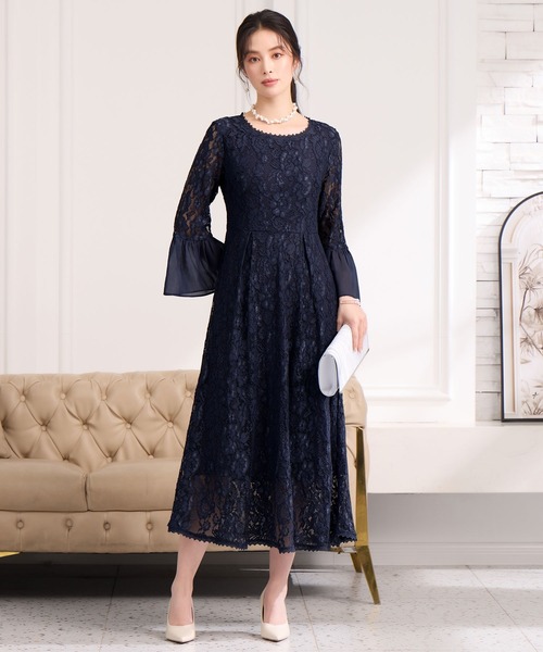 ヴィンテージ 総レースドレス 膝丈ワンピース USA古着 ネイビー DRESS+（ドレスプラス） ドレス 総レースが大人上品なドレスワンピース