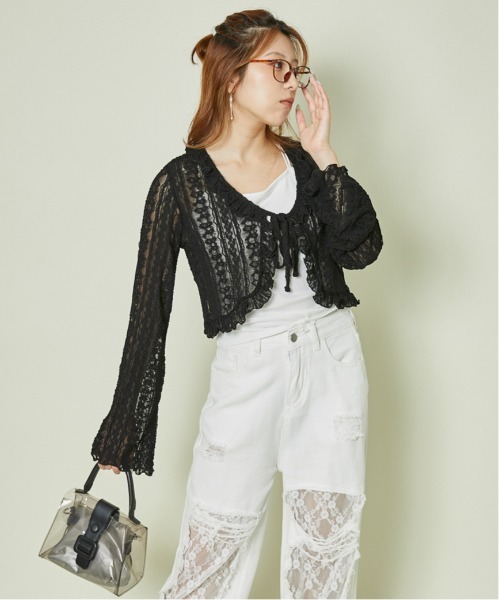 YOKANG 透け感レース風黒カーディガン カーディガン 「透け感レース×フレア袖」ショートカーディガン